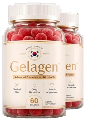The Gelagen jar render: a cream cap, red gummies visible through clear glass, a cream label with a small South Korean flag icon, the gold Gelagen wordmark, Advanced Gummies for Skin Health, three icons and 60 Gummies